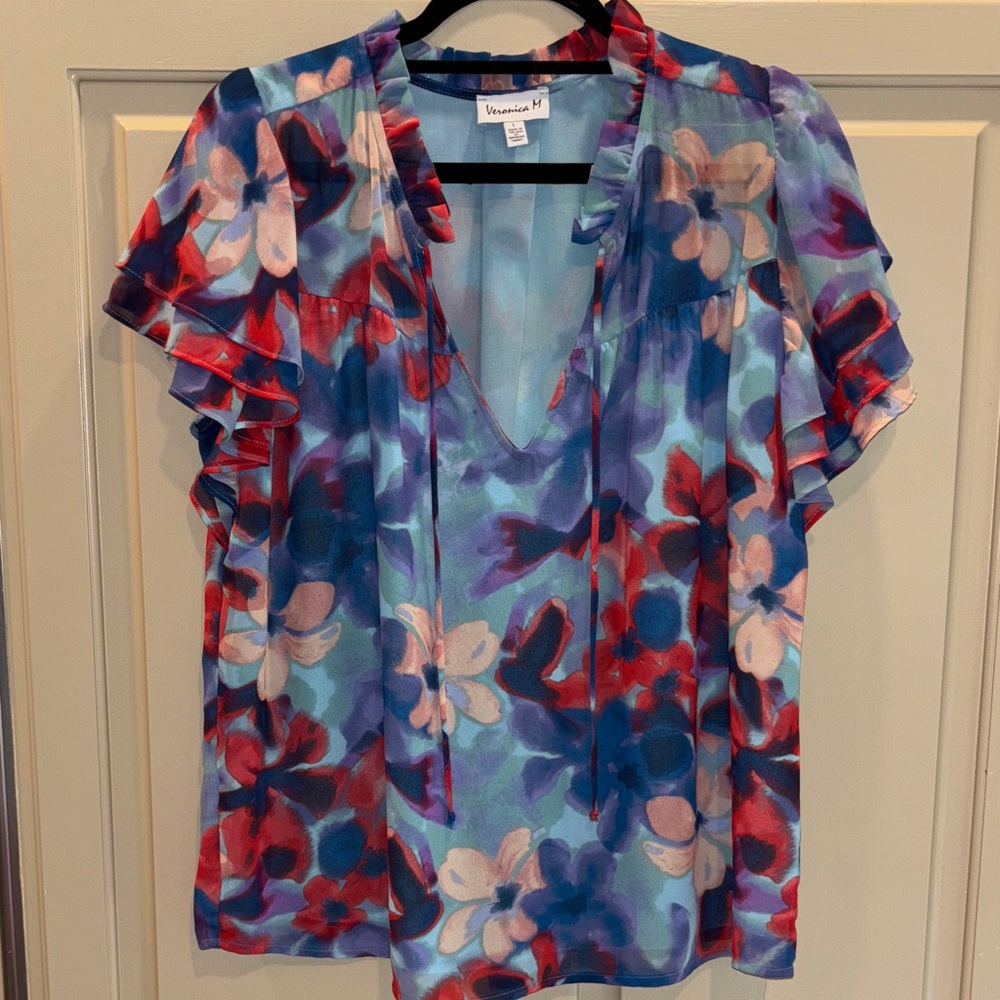 Veronica M Floral V-Neck Blouse - Blue and Red